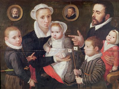 Portret van een familie: ouders met hun kinderen en voorouders, 1577 door Frans Menton d